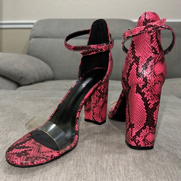 Pink Snakeskin Heels with Clear Strap - Picture 1 of 8